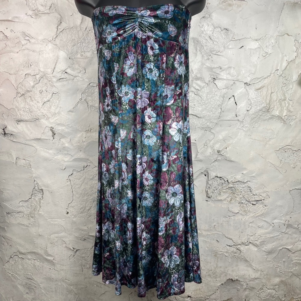 Free People Strapless Floral Velvet Maxi Dress Teal Purple OB1634664 Small